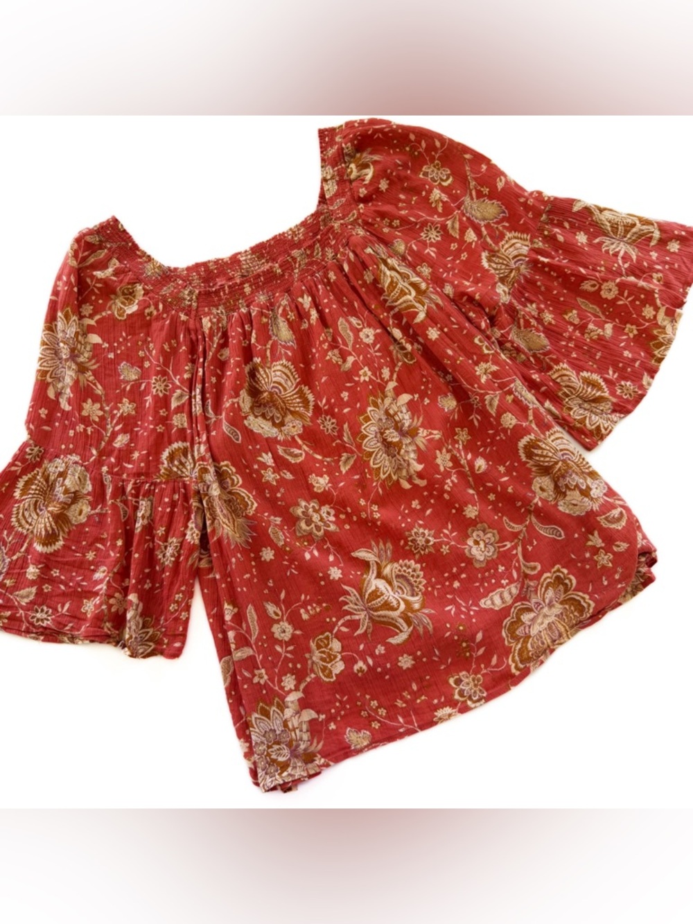 Chaps Shirt Womens 2X Indian Cotton Voile Rust Floral Boho Ruffle Sleeve